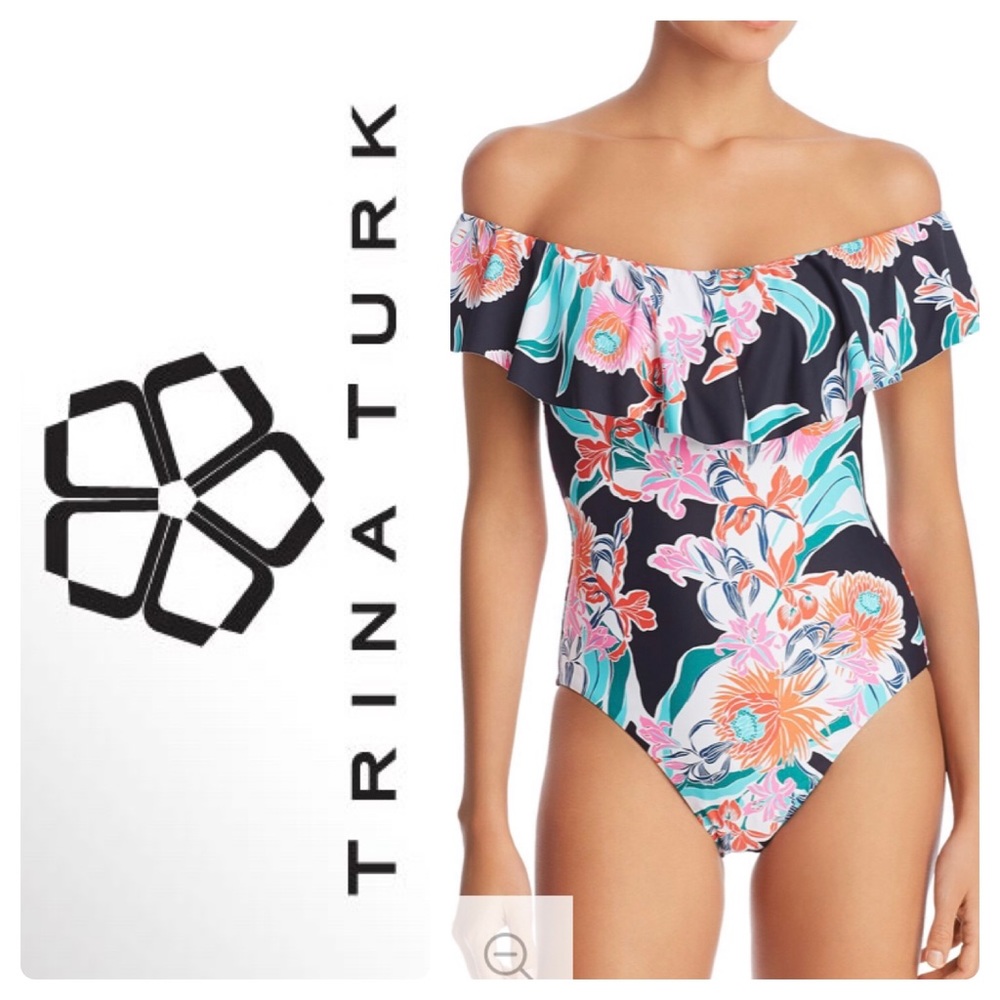 Trina Turk Floral Off-Shoulder One Piece - Black and Pink
